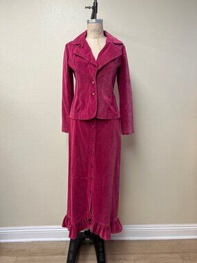 Vintage 1970s Lemon Frog Velour Pink Blazer and Maxi Skirt Set Pink Small